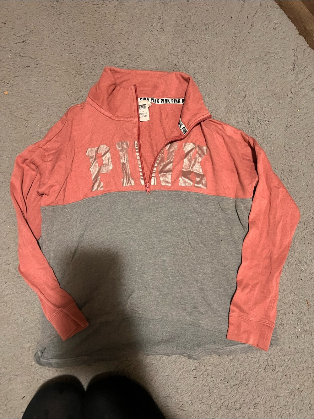 PINK Victoria's Secret Coral Pink and Heather Gray Half-Zip Sweatshirt